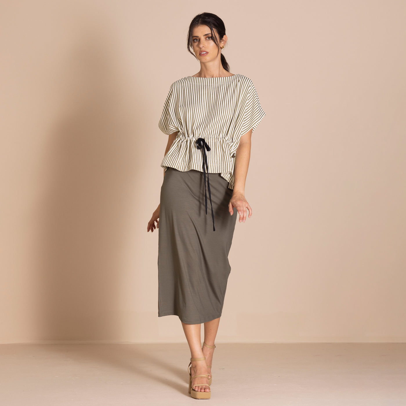Megan Salmon - Candy Stripe Tableau Top. Khaki.
