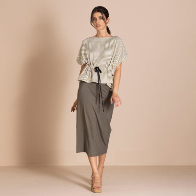 Megan Salmon - Candy Stripe Tableau Top. Khaki.