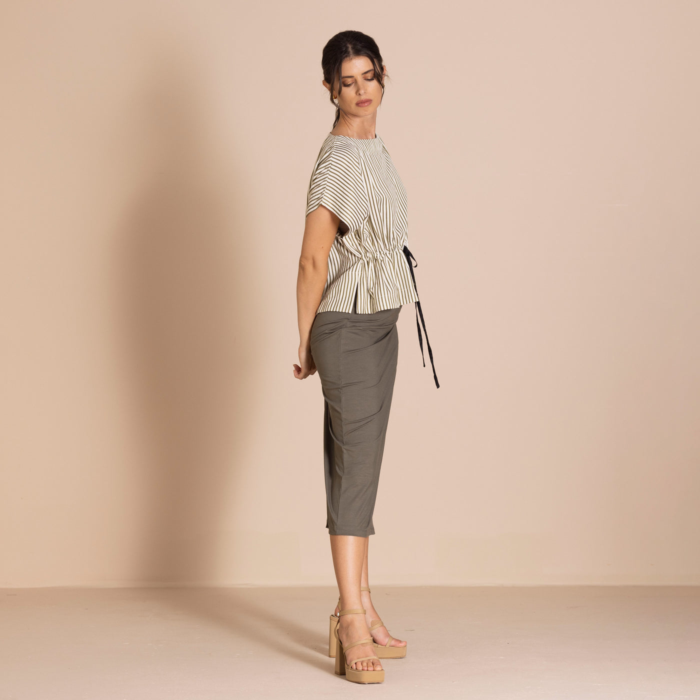 Megan Salmon - Candy Stripe Tableau Top. Khaki.