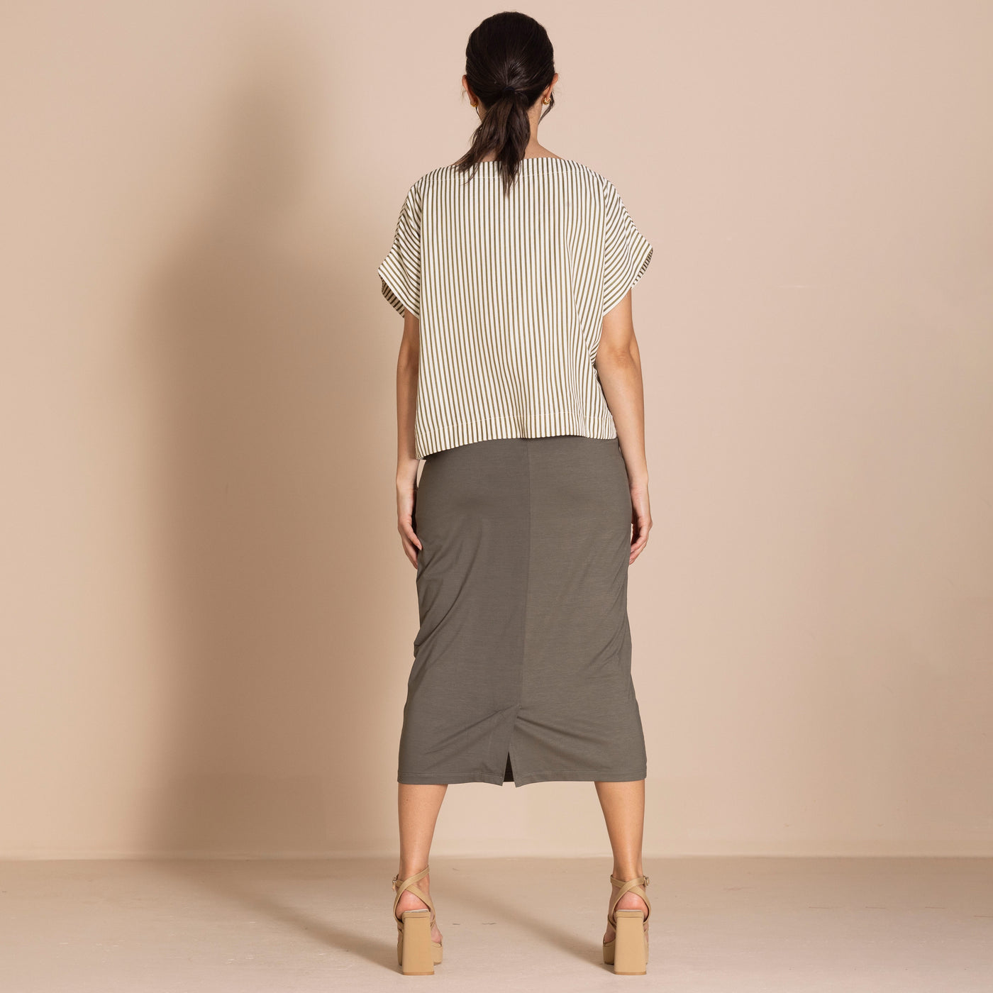 Megan Salmon - Candy Stripe Tableau Top. Khaki.