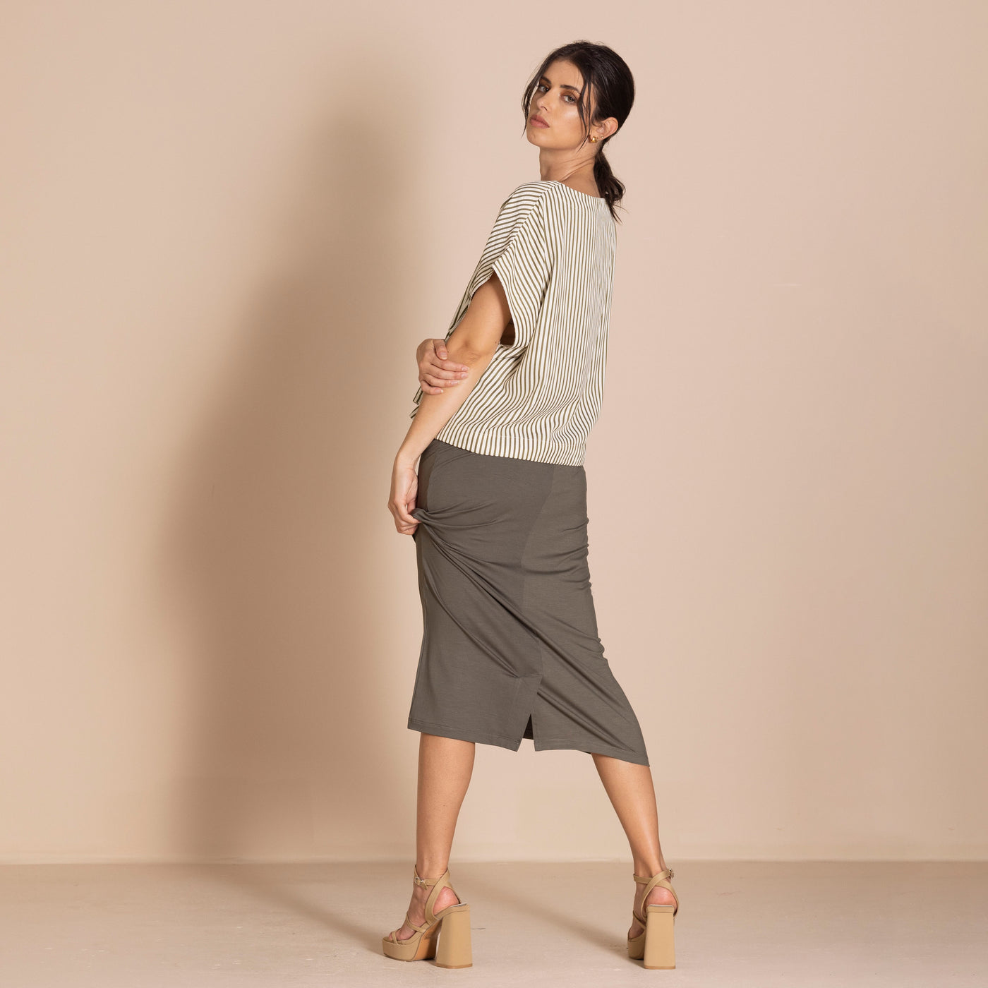 Megan Salmon - Candy Stripe Tableau Top. Khaki.