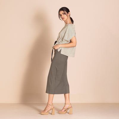 Megan Salmon - Candy Stripe Tableau Top. Khaki.