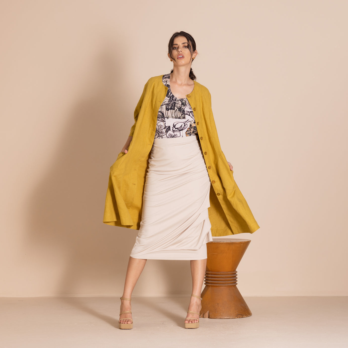 Megan Salmon - Lulu Pleat Merchant Coat. Avocado.