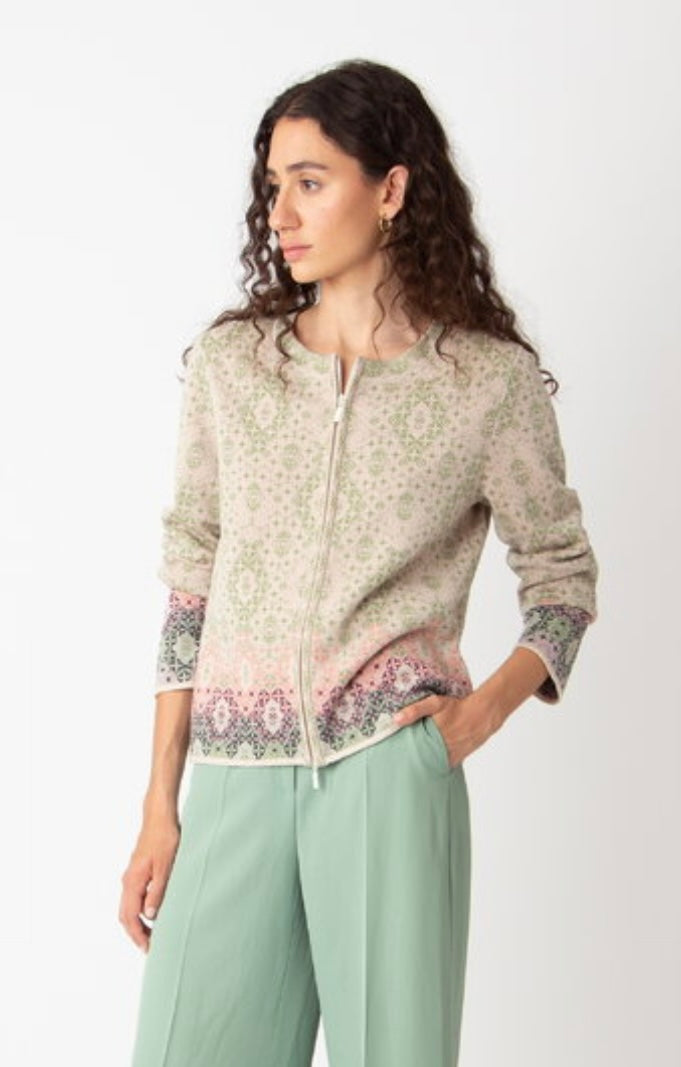 Ivko -Zip Cardigan. Ornament. Off white.