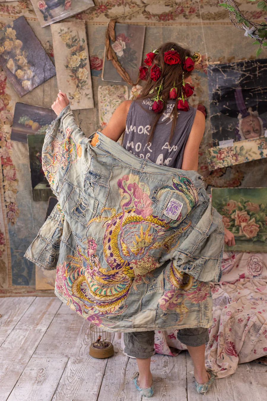 Magnolia Pearl - Patchwork Dragon Daigo Kimono. Faded indigo.