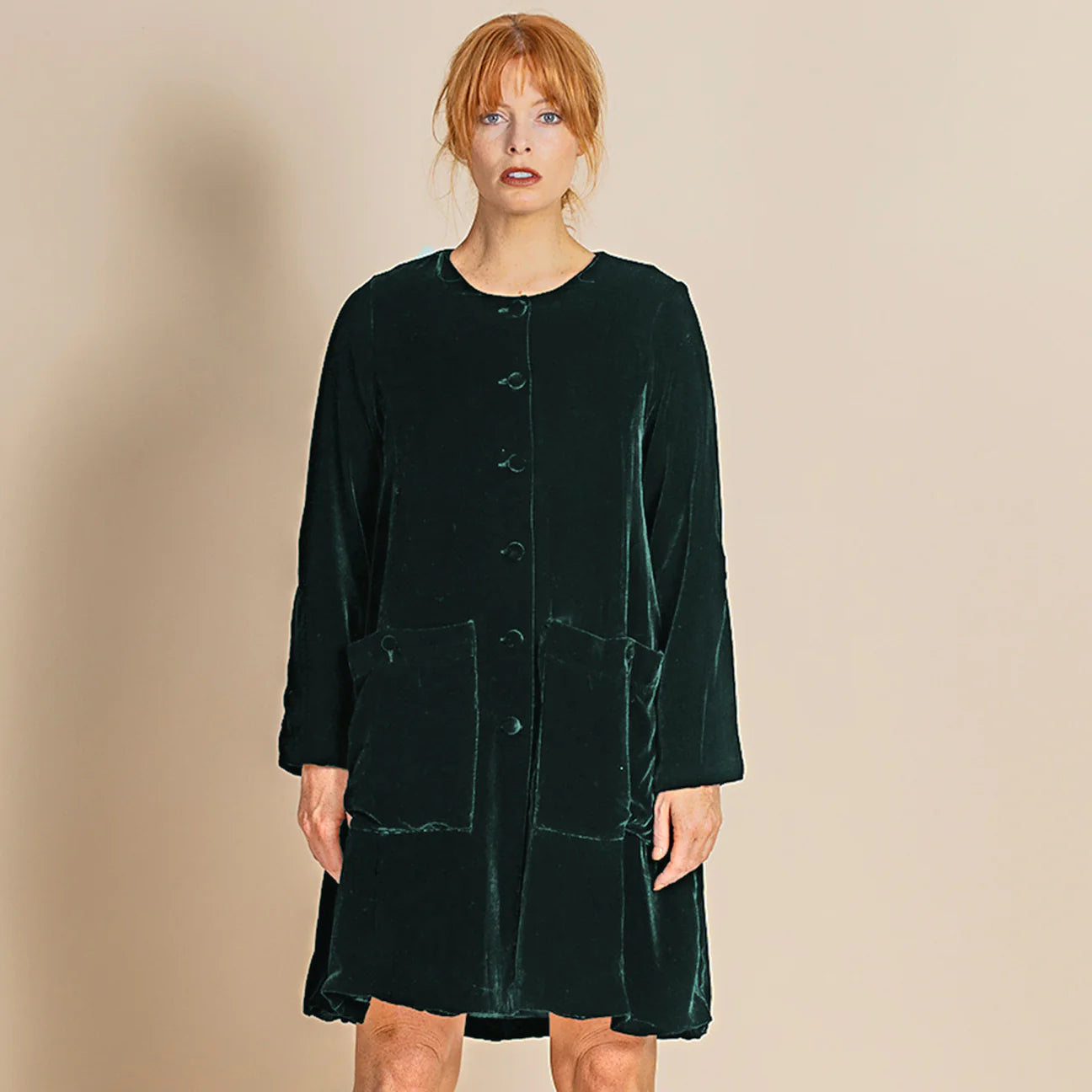 Megan Salmon - Velvet Birdie Coat. Dark green.