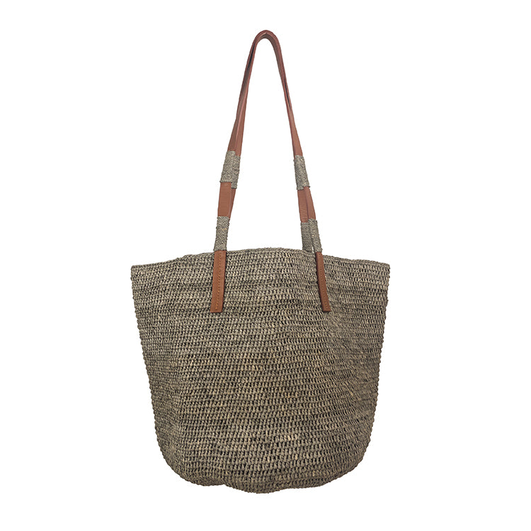 Made In Mada - Alice M Raffia Bag With Natural Leather Straps. Light Grey.