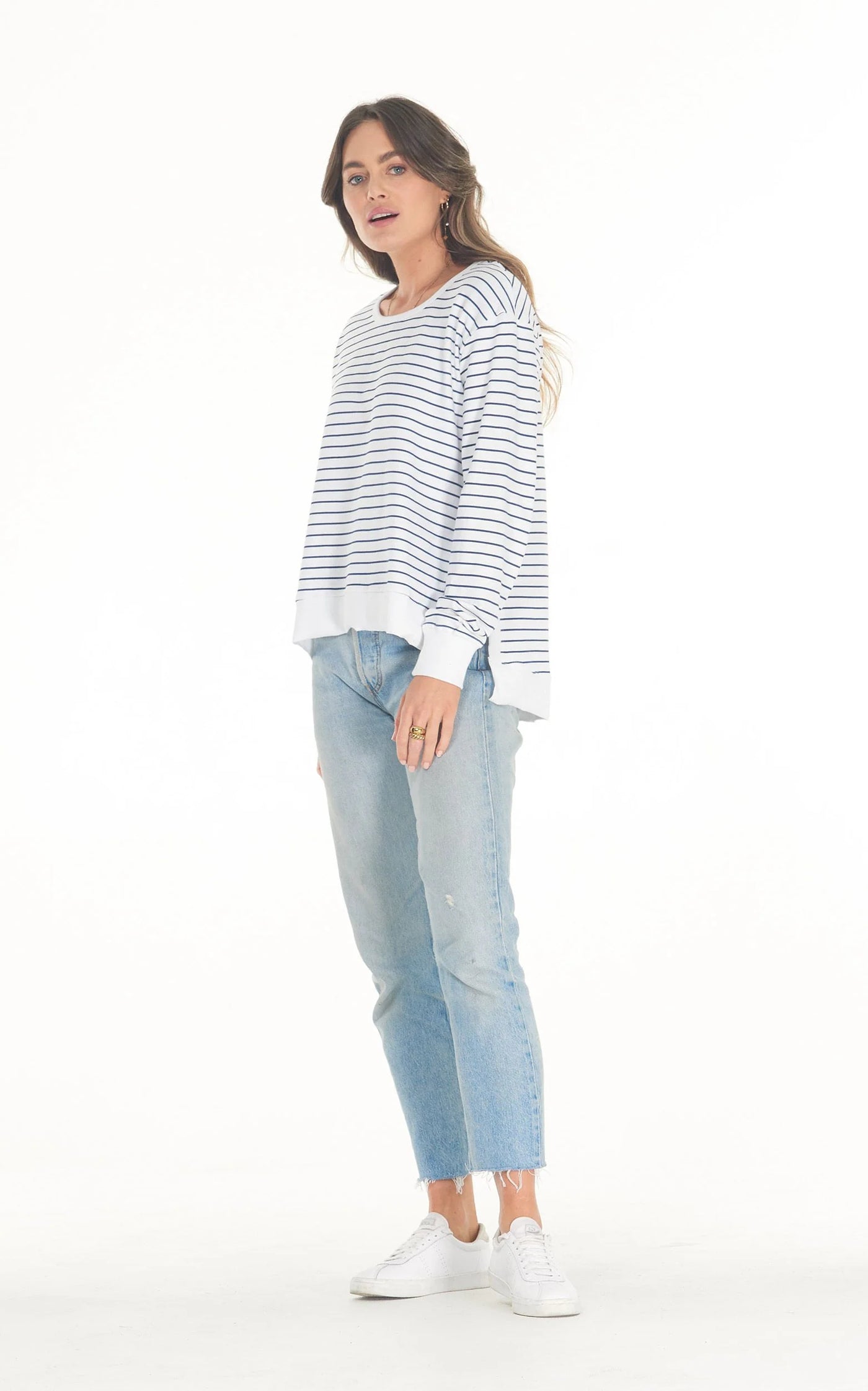 Cle - Addyson Sweater. White/Indigo Stripe.