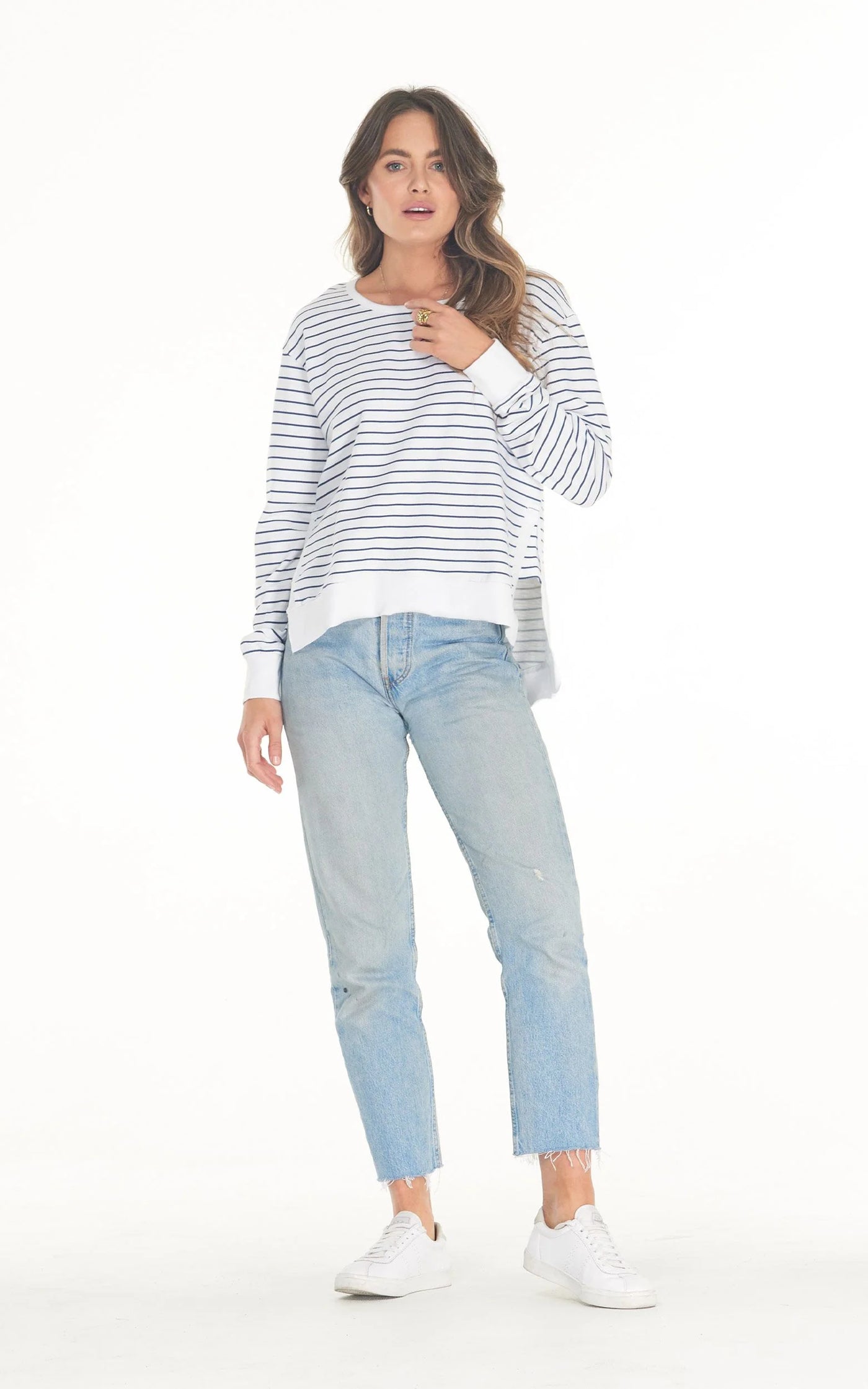 Cle - Addyson Sweater. White/Indigo Stripe.