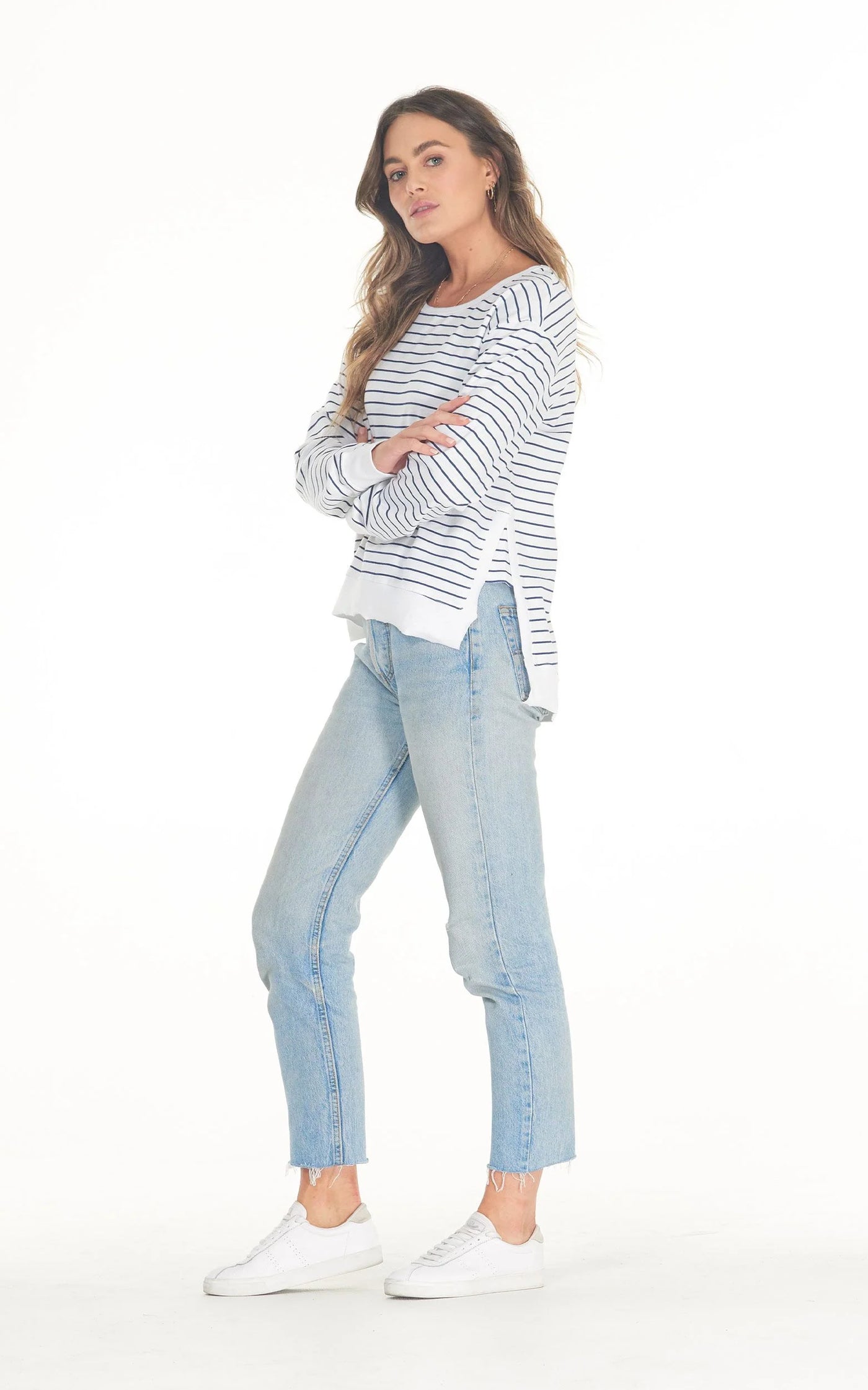 Cle - Addyson Sweater. White/Indigo Stripe.