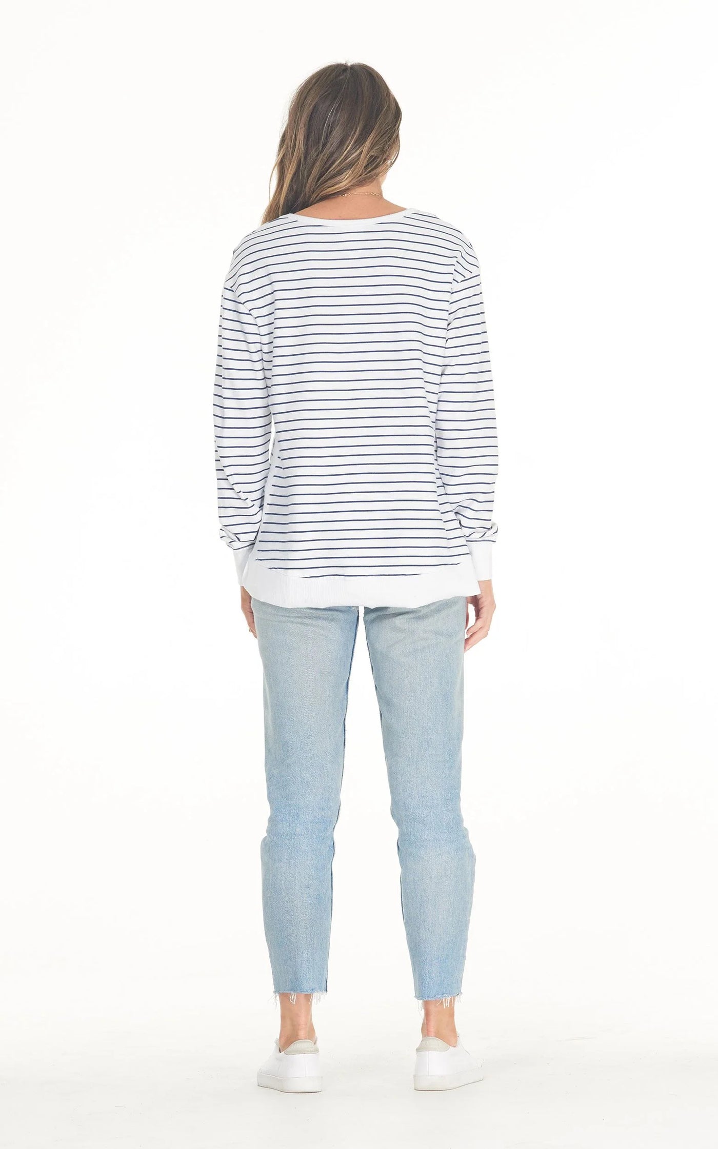 Cle - Addyson Sweater. White/Indigo Stripe.