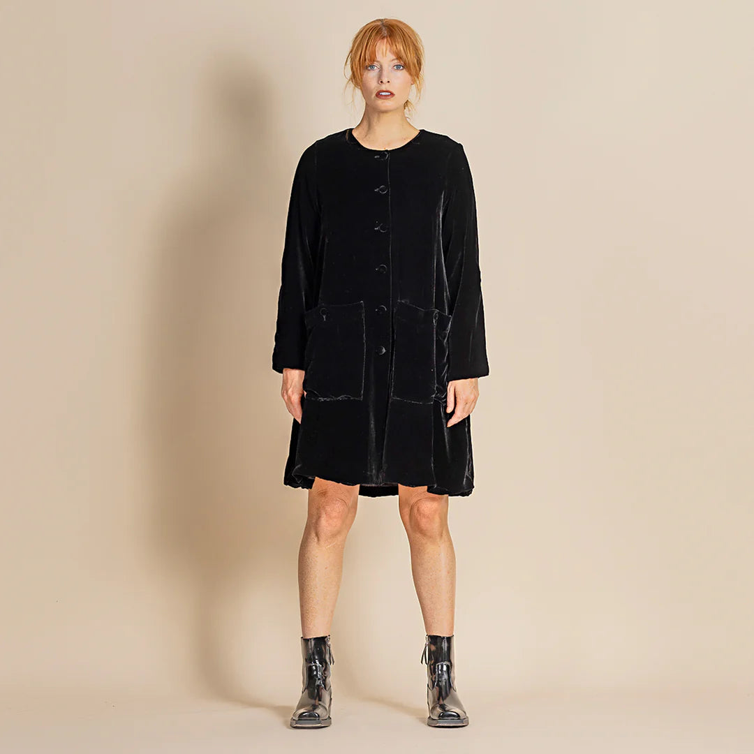 Megan Salmon - Velvet Birdie Coat. Dark green.