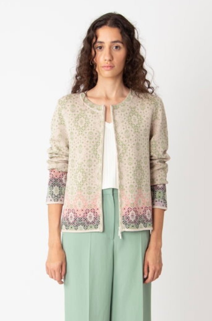Ivko -Zip Cardigan. Ornament. Off white.