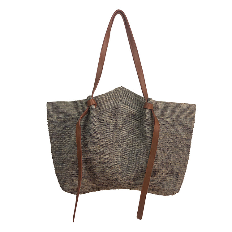 Made in Mada - Gemma XXL Raffia Bag With Tan Leather.  Light Grey.