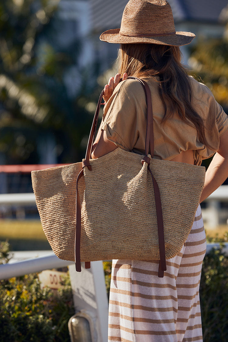 Made in Mada - Gemma XXL Raffia Bag with Tan Leather.  Natural.
