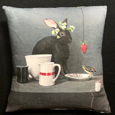 Anita Mertzlin - Linen Strawberry Rabbit cushion.