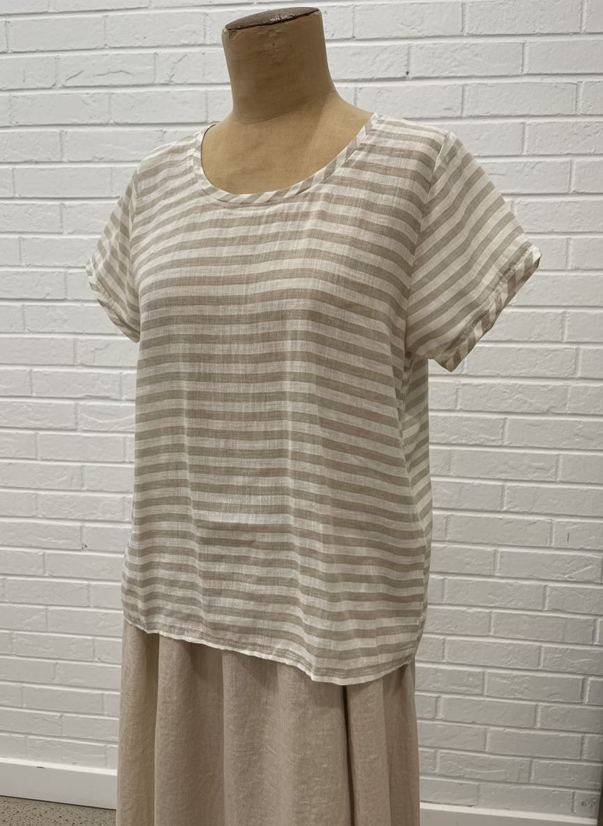 Frockk - Ellie Round Neck Top. Natural Stripe.