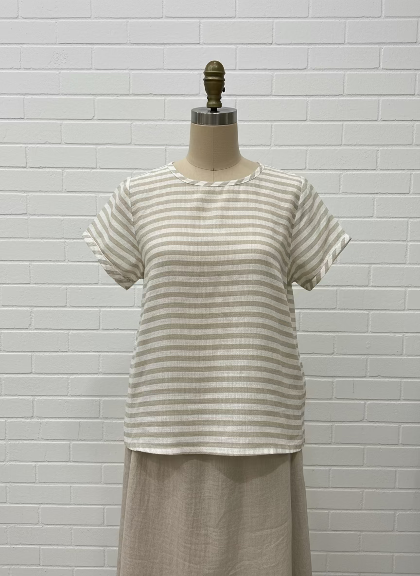 Frockk - Ellie Round Neck Top. Natural Stripe.