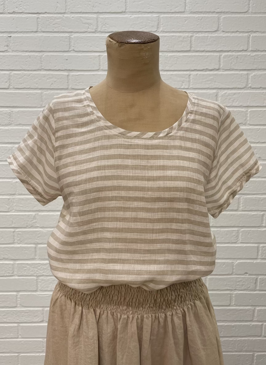 Frockk - Ellie Round Neck Top. Natural Stripe.