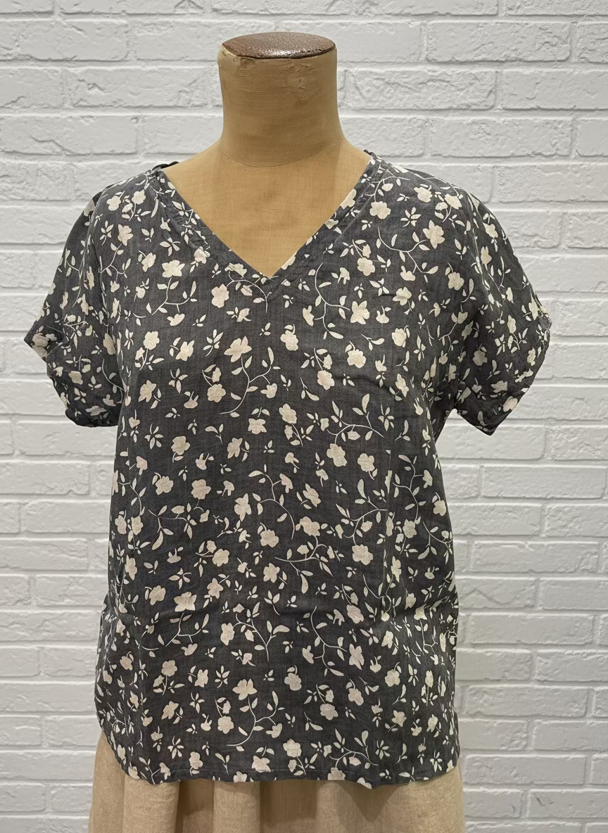 Frockk - Ellie V Neck Top. Grey Floral.