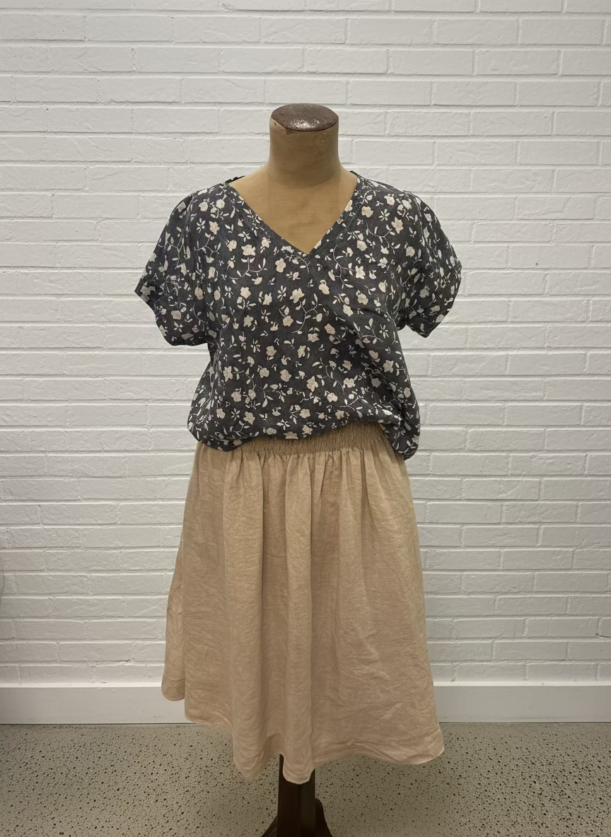 Frockk - Ellie V Neck Top. Grey Floral.