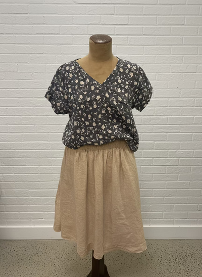 Frockk - Ellie V Neck Top. Grey Floral.