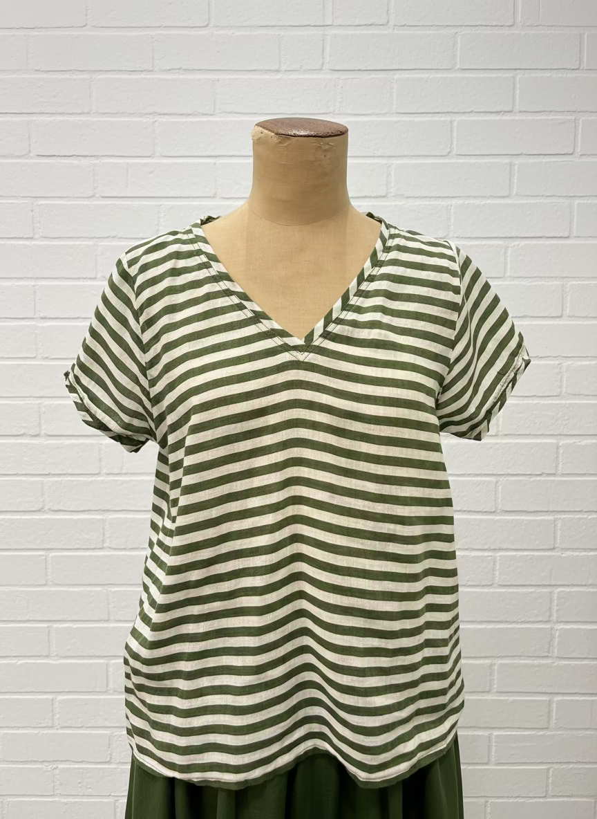 Frockk - Ellie V Neck Top. Moss Stripe.