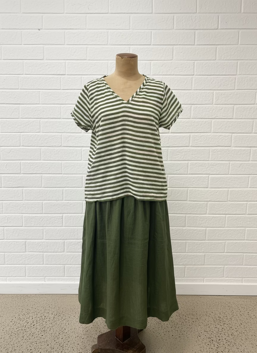 Frockk - Ellie V Neck Top. Moss Stripe.
