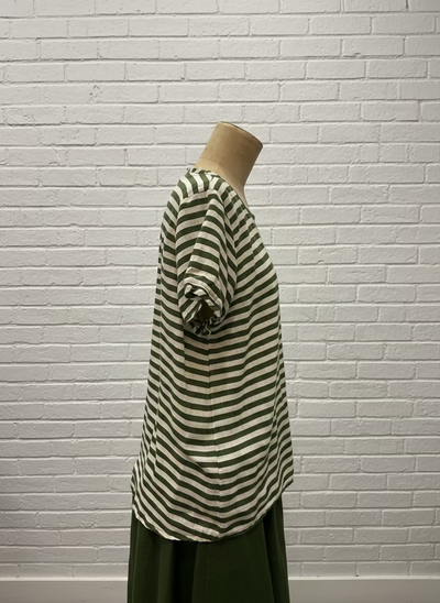 Frockk - Ellie V Neck Top. Moss Stripe.
