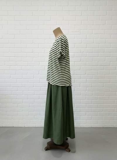 Frockk - Ellie V Neck Top. Moss Stripe.