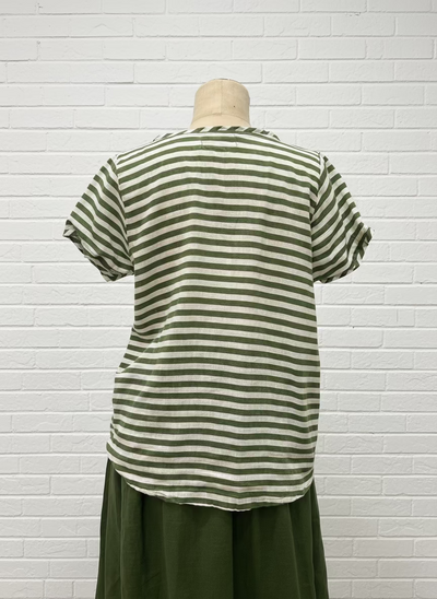 Frockk - Ellie V Neck Top. Moss Stripe.