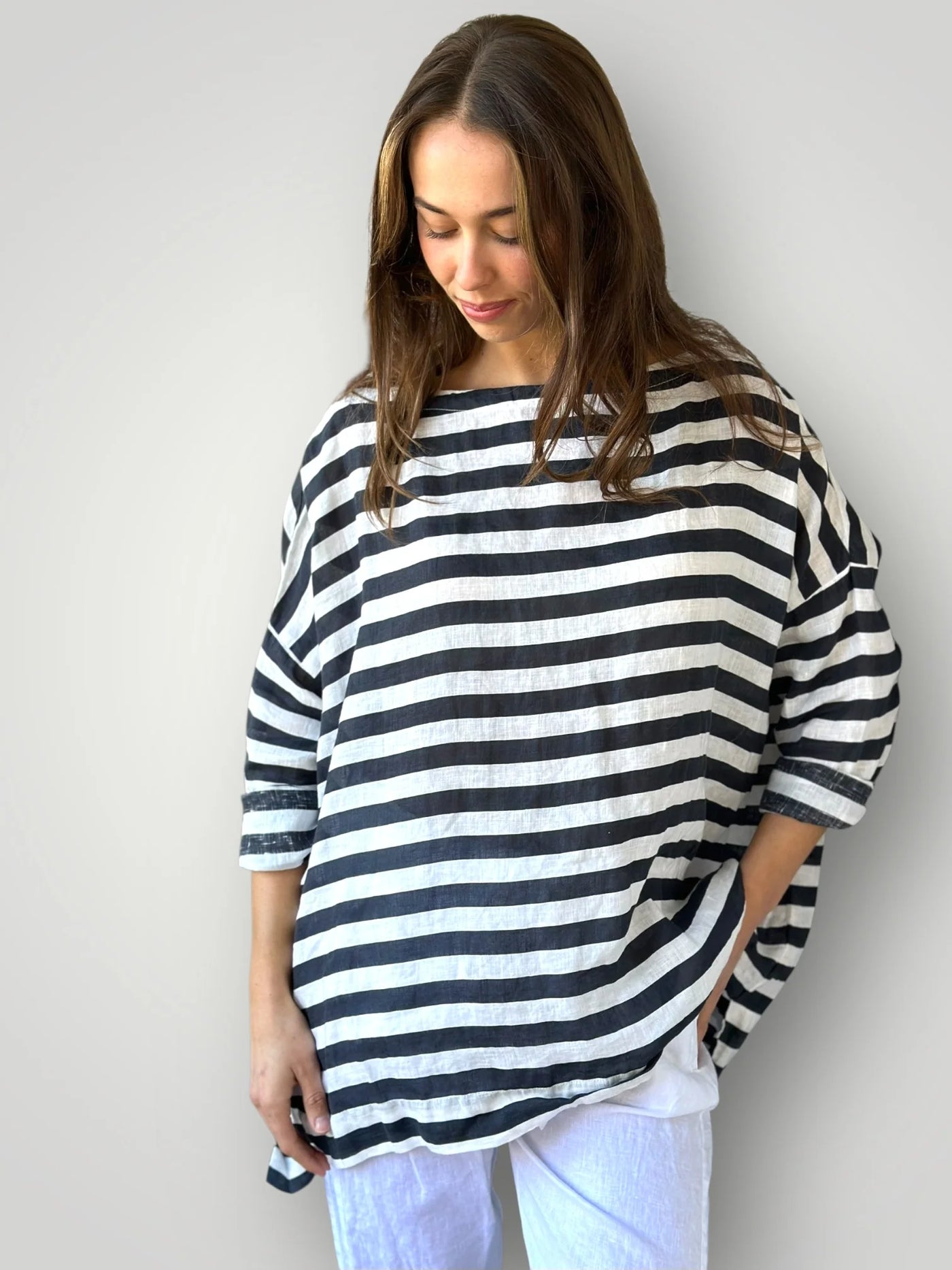 Frockk - Avril Top. Charcoal Stripe.