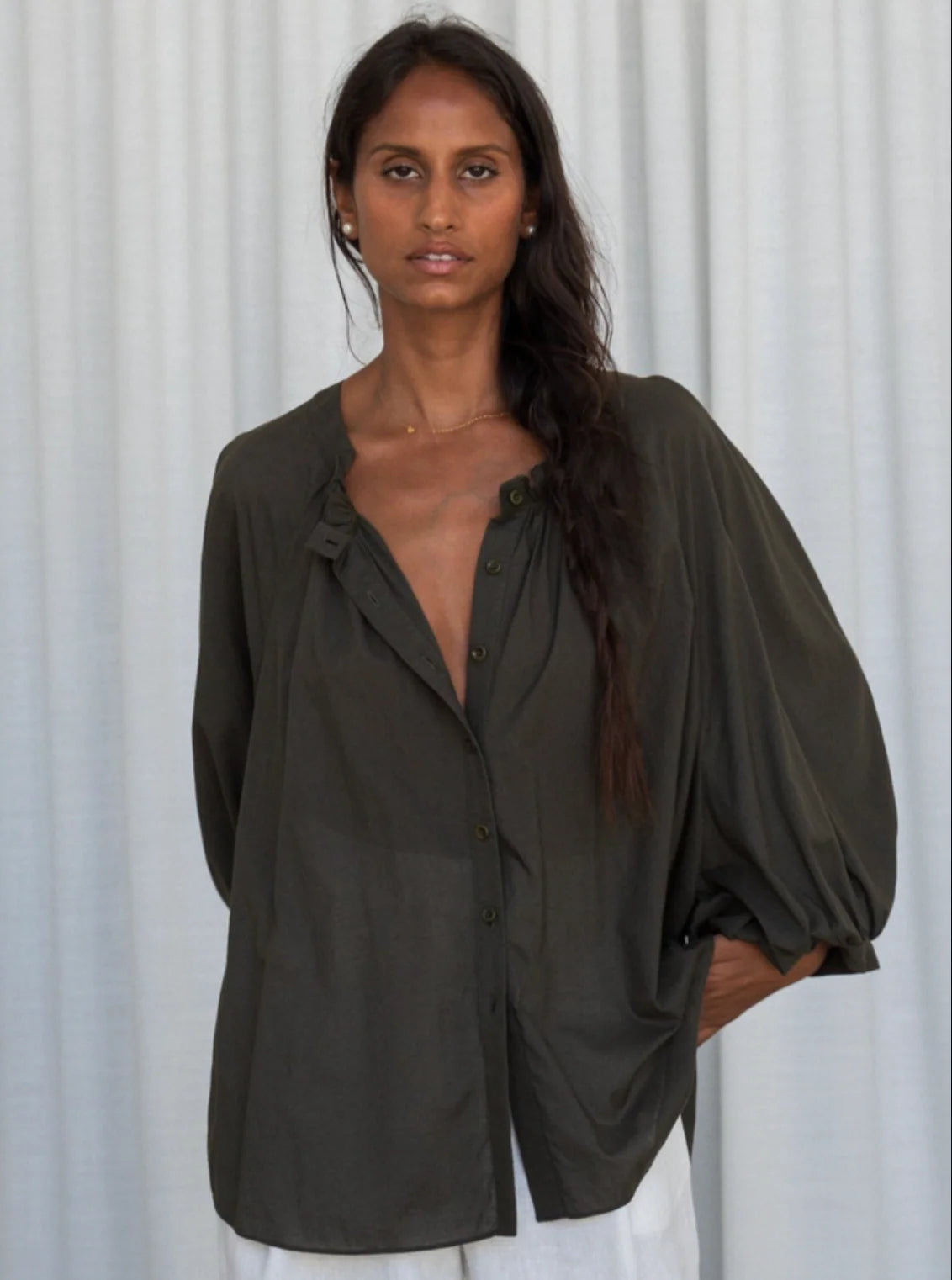 Lilly Pilly - Thalia Cotton Voile Shirt. Khaki.
